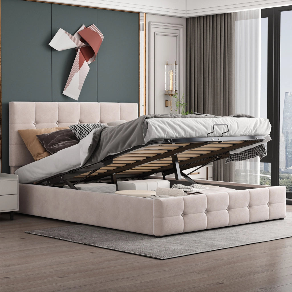 Letti contenitori 140x200 cm; contenitore salvaspazio; velluto; bianco crema (Senza materasso)