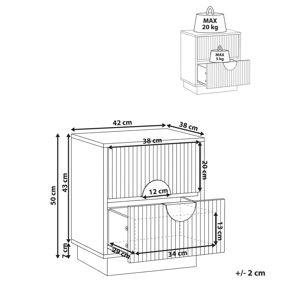 Comodino a 2 cassetti marrone scuro in MDF con maniglie in metallo, frontali scanalati e design moderno per camera da letto