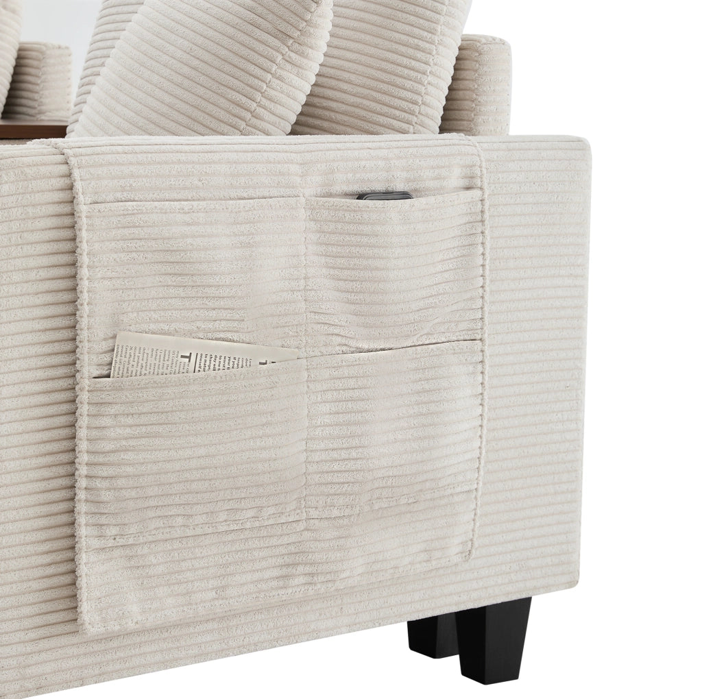 Divano angolare 229x149.5x83 cm con console centrale; porte USB e tasche portaoggetti in corduroy beige