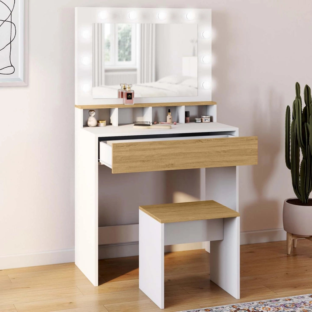 Mueble de tocador ZELIA blanco y haya con espejo LED, 4 huecos, 1 cajón y taburete
