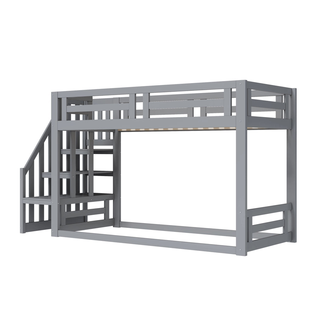 Letto a castello basso per bambini 90×200 cm con scala e ripiani; senza materasso; legno; grigio