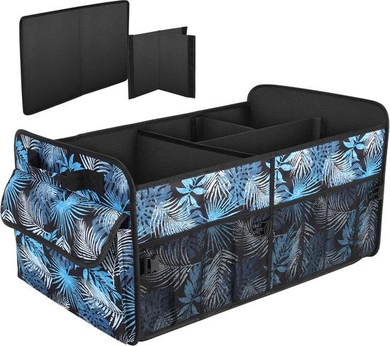 Organizzatore di bagagliaio pieghevole 72L con supporto fino a 35 kg, tessuto 600D Oxford, impermeabile, antiscivolo con maniglie e design a fiori blu, dimensioni 60 x 37 x 32,5 cm.