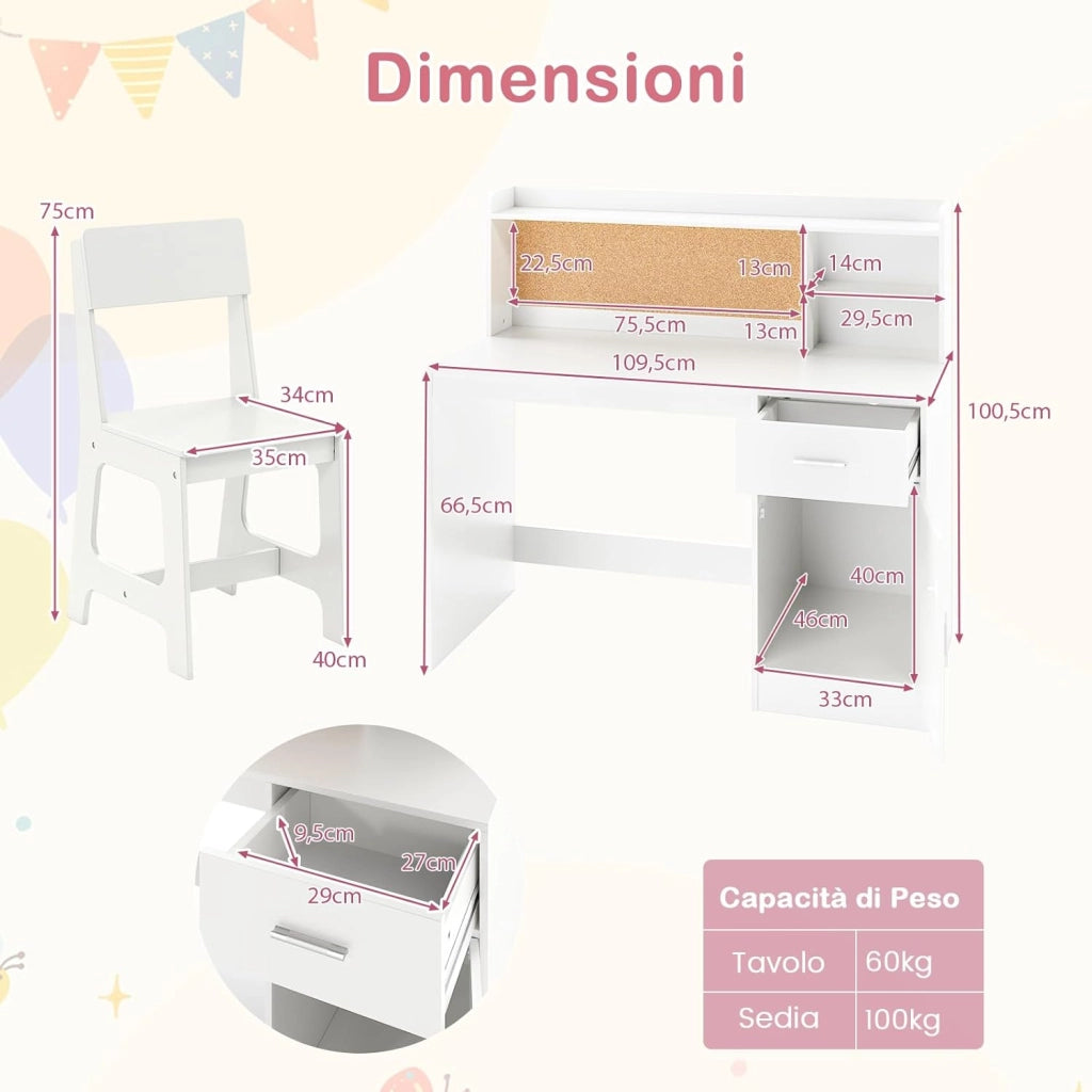 Set Scrivania e Sedia per Bambini 3+ Anni, Tavolo da Scrittura in Legno con Mensole, Cassetto e Bacheca in Sughero, Tavolo e Sedia per Disegno e Studio (Bianco)