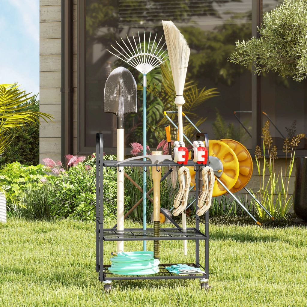 Organizzatore per attrezzi da giardino 40 scomparti 2 livelli con ruote ¨C zephmum ¨C 57x48x70 cm nero