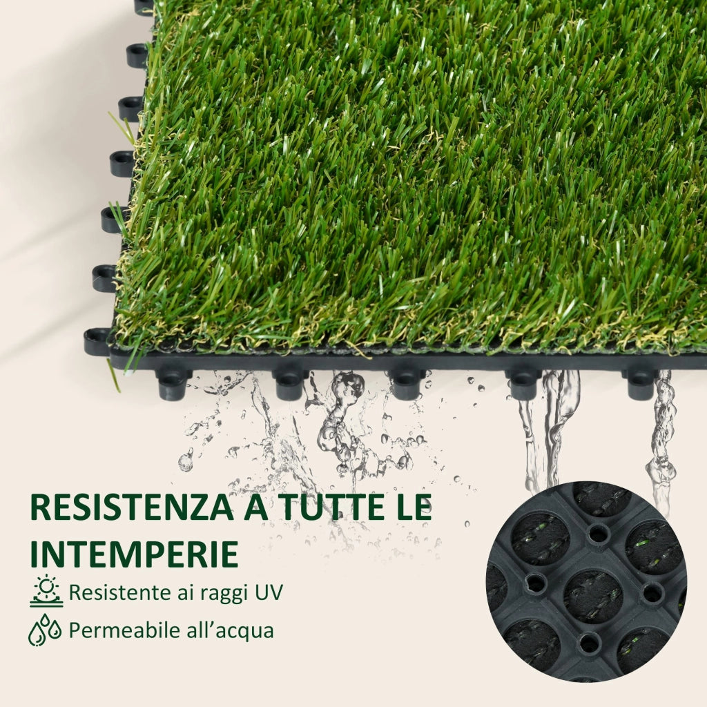 Set 10 Piastrelle 30x30 cm Erba Finta 20 mm Prato Artificiale Sintetico Realistico Verde Scuro