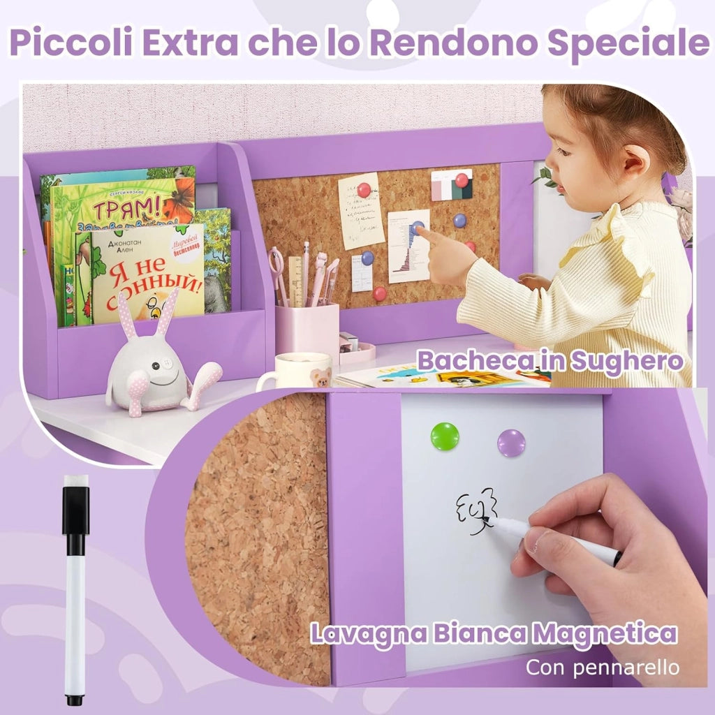 Set Scrivania e Sedia per Bambini per Studio e Lettura, Viola | Banco Scuola con Sedia Ergonomica, Lavagna Bianca, Pennarello, Armadietto e Bacheca, Postazione Computer per Cameretta Studio