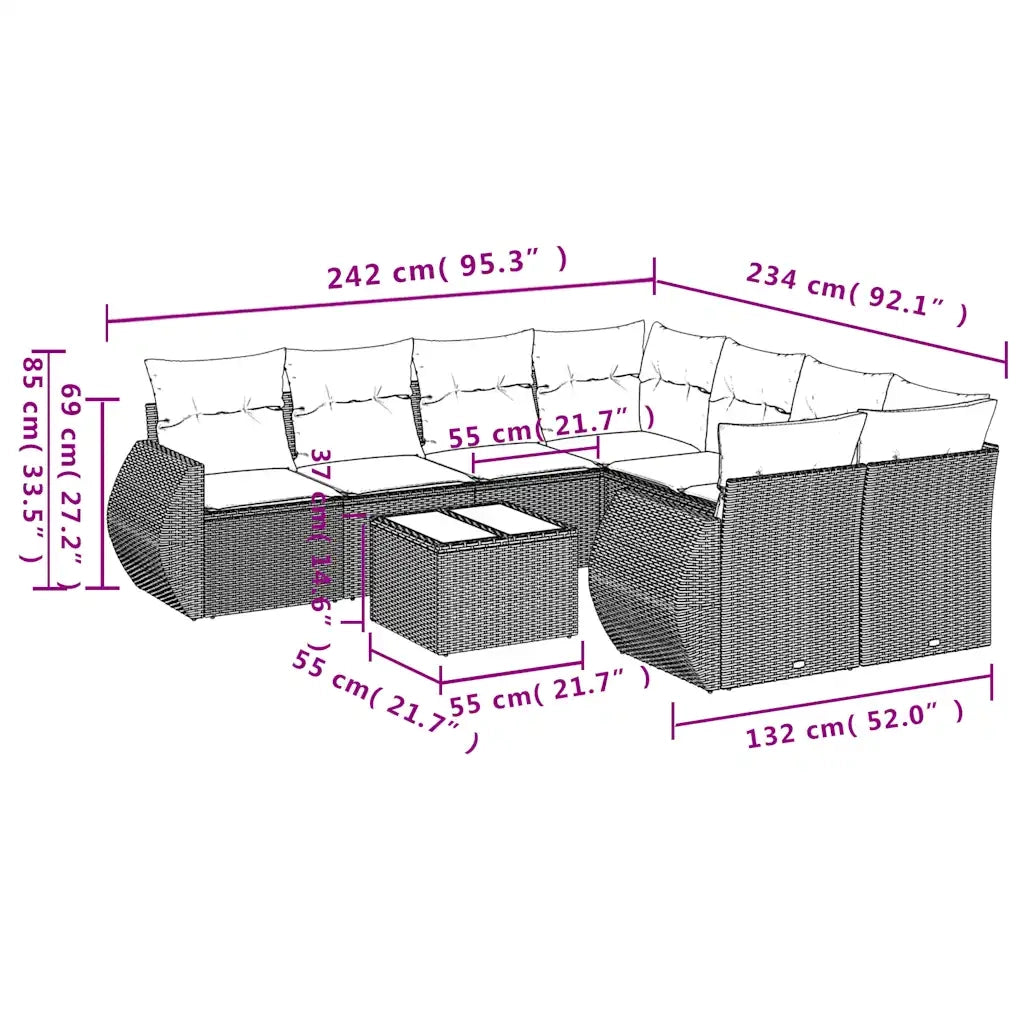 Set Divani da Giardino 9pz con Cuscini Marrone in Polyrattan