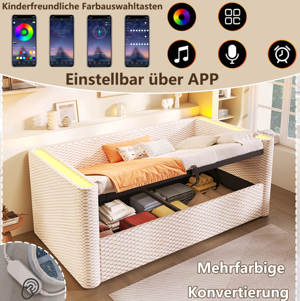 Divano letto con vano contenitore, LED e struttura in velluto