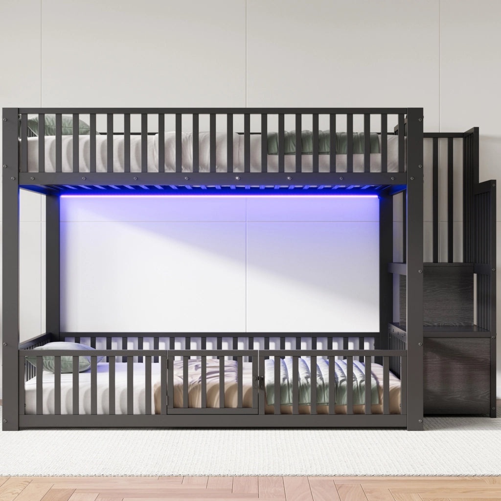 Letto a castello 140x200 con scala contenitore; LED; MDF e metallo; nero