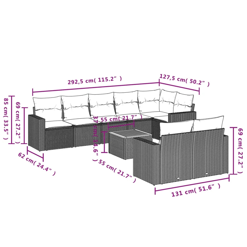 Set Divani da Giardino 9 pz con Cuscini Nero in Polyrattan 3224208