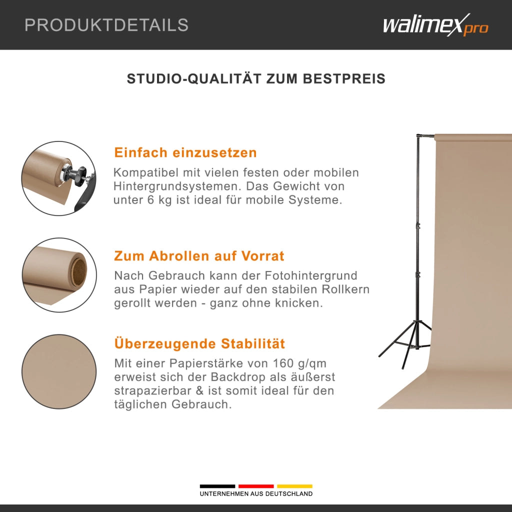 Sfondo fotografico in cartoncino beige chiaro 2,60x10 m, Backdrop foto antiriflesso e resistente, per studi fotografici