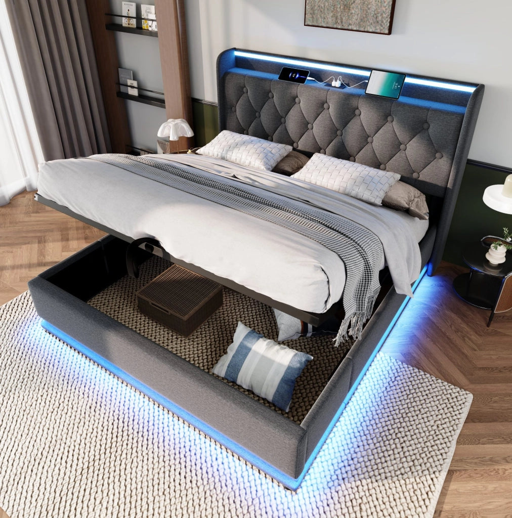 Letto imbottito 180x200 cm con contenitore idraulico; LED; USB e Type-C; lino grigio
