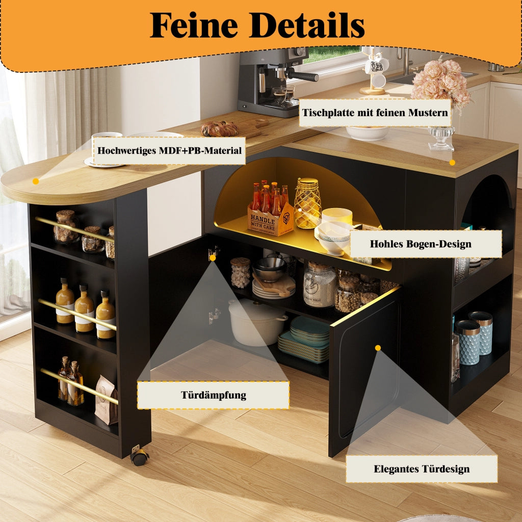 TAVOLO BAR MOBILE 135-205x39x100 cm Nero con LED e rotelle