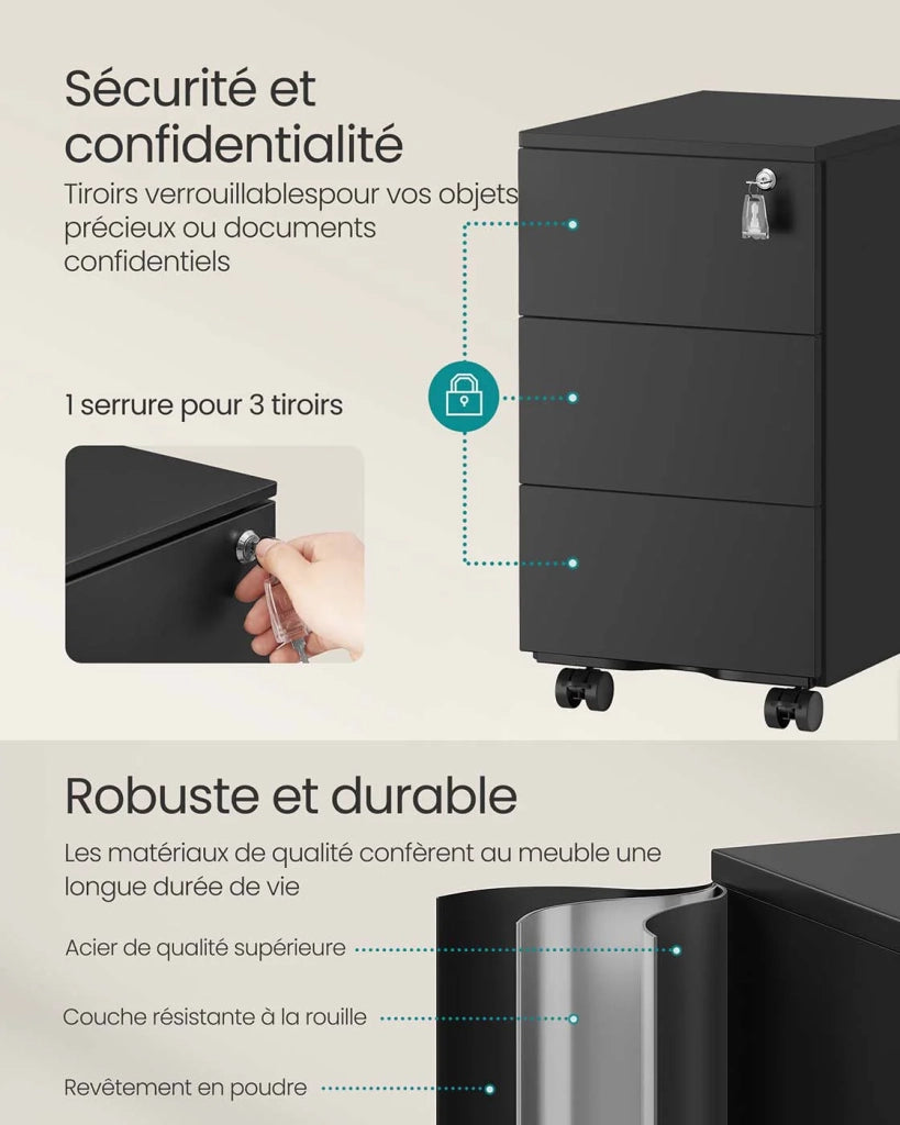 Cassettiera mobile per ufficio 39 x 45 x 55 cm chiudibile a chiave con 3 cassetti per archiviazione documenti e cancelleria preassemblata per ufficio o home office nera 12_0004823