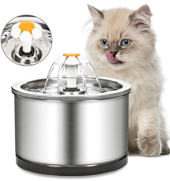 Fontana per gatti in acciaio inossidabile, 2,5L, fontana per animali domestici silenziosa, dispensatore d'acqua elettrico con pompa, set di spazzole per la pulizia del filtro, lampada LED per animali