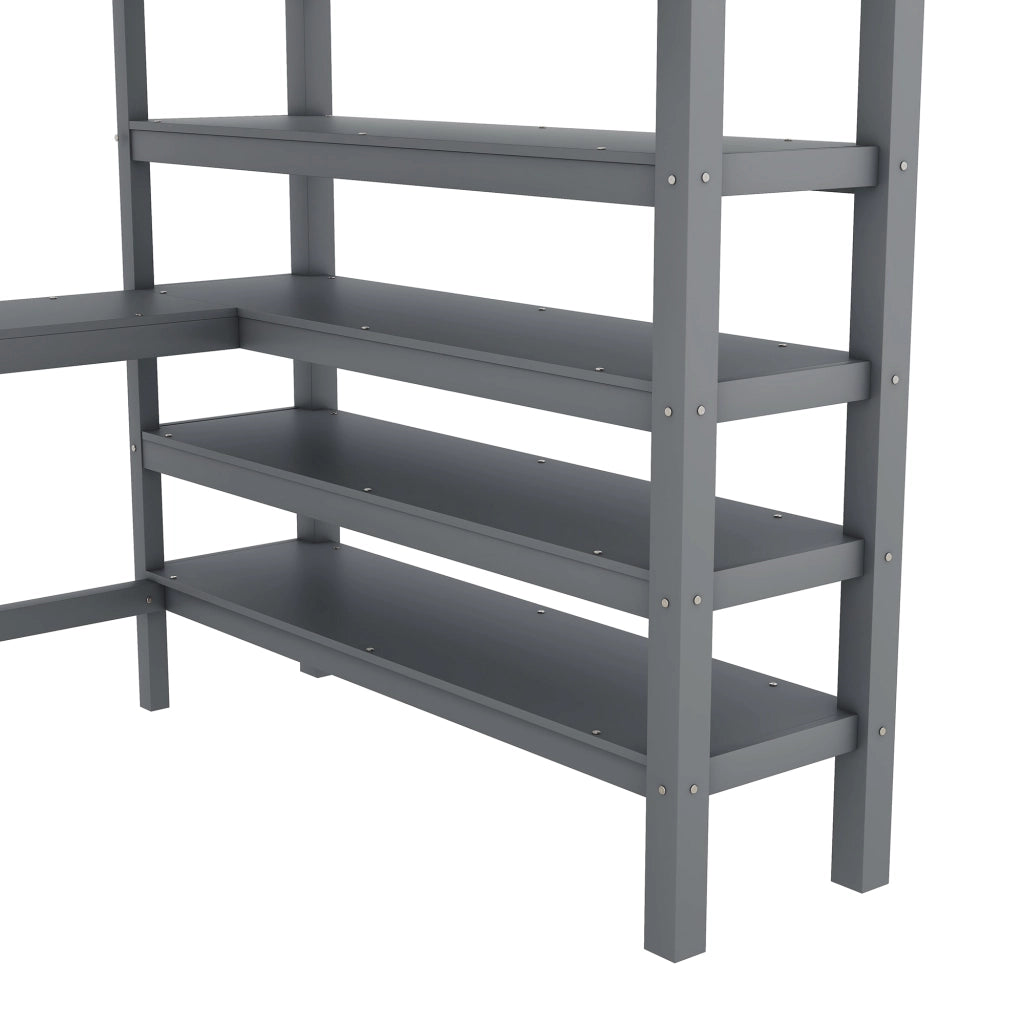 OKWISH Letto a Soppalco 140×200 cm, Letto Matrimoniale con Scrivania, Scaffali e Vani Contenitore, senza Materasso, Grigio