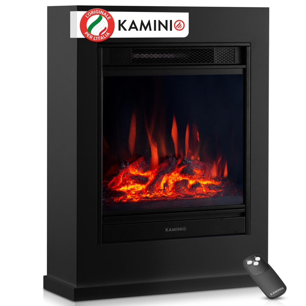 KAMINIO Camino elettrico KALLE - Caminetto elettrico a pavimento con riscaldamento, effetto fiamma 3D, telecomando - Nero