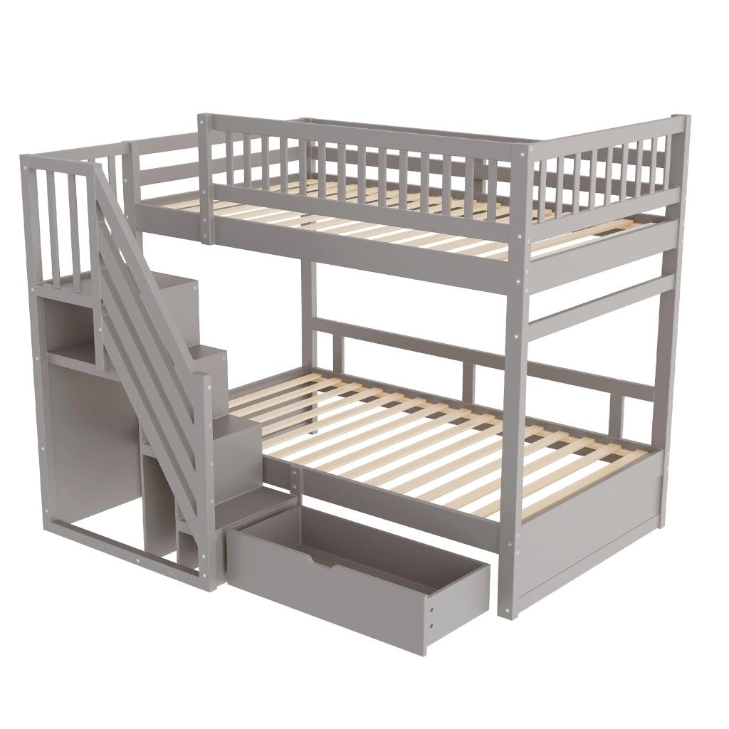 LETTO A CASTELLO 90x200 cm In Legno Grigio con Scala Contenitore e Cassetti