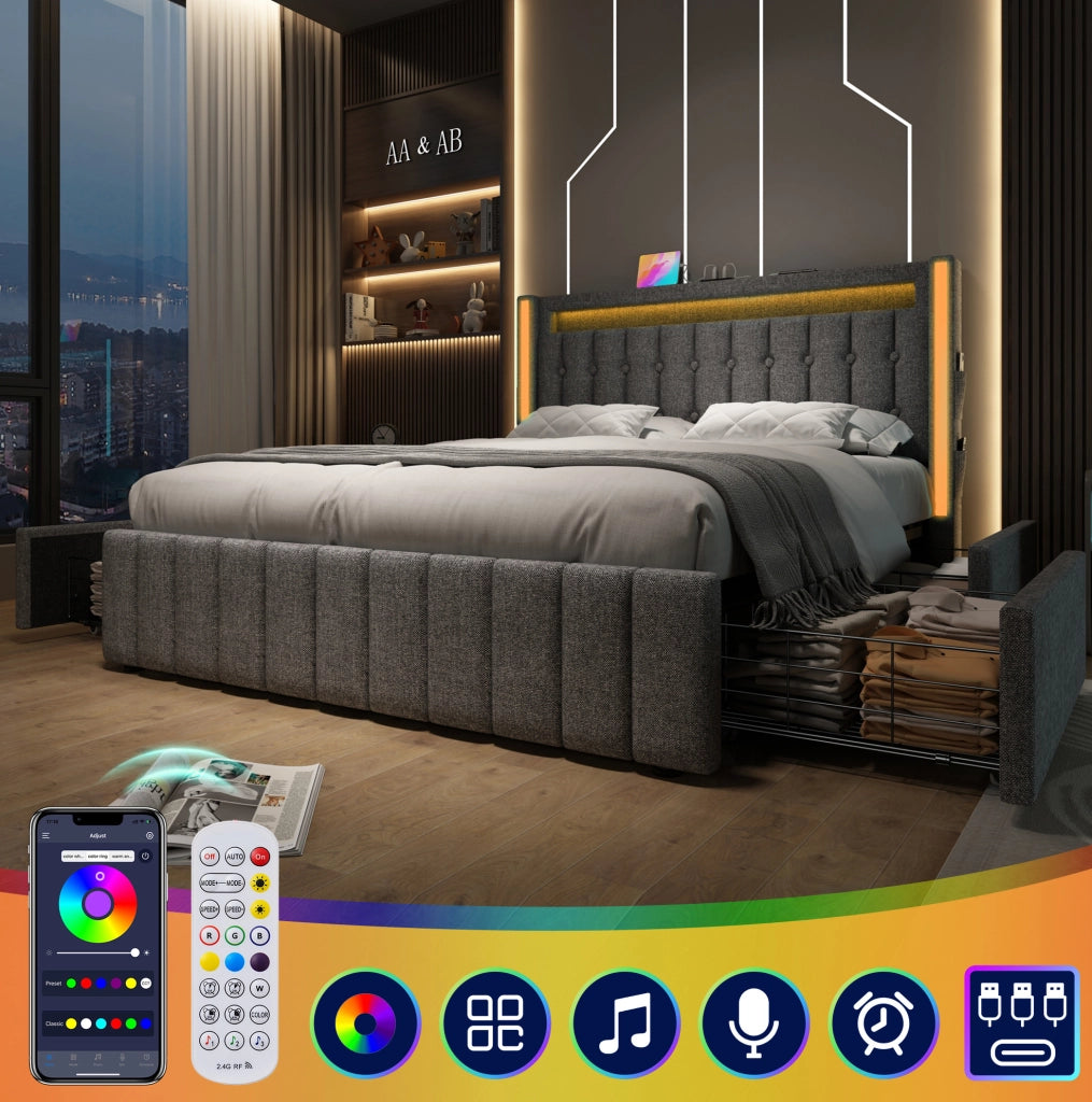 Letto imbottito 140x200 con materasso; LED; 4 cassetti; USB e Type-C; lino grigio