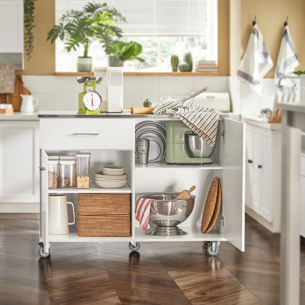 Carrello Da Cucina Isola Cucina Con Piano Di Lavoro Credenza Con Ruote Carrello Bianco 120x56x90cm FKW117-W