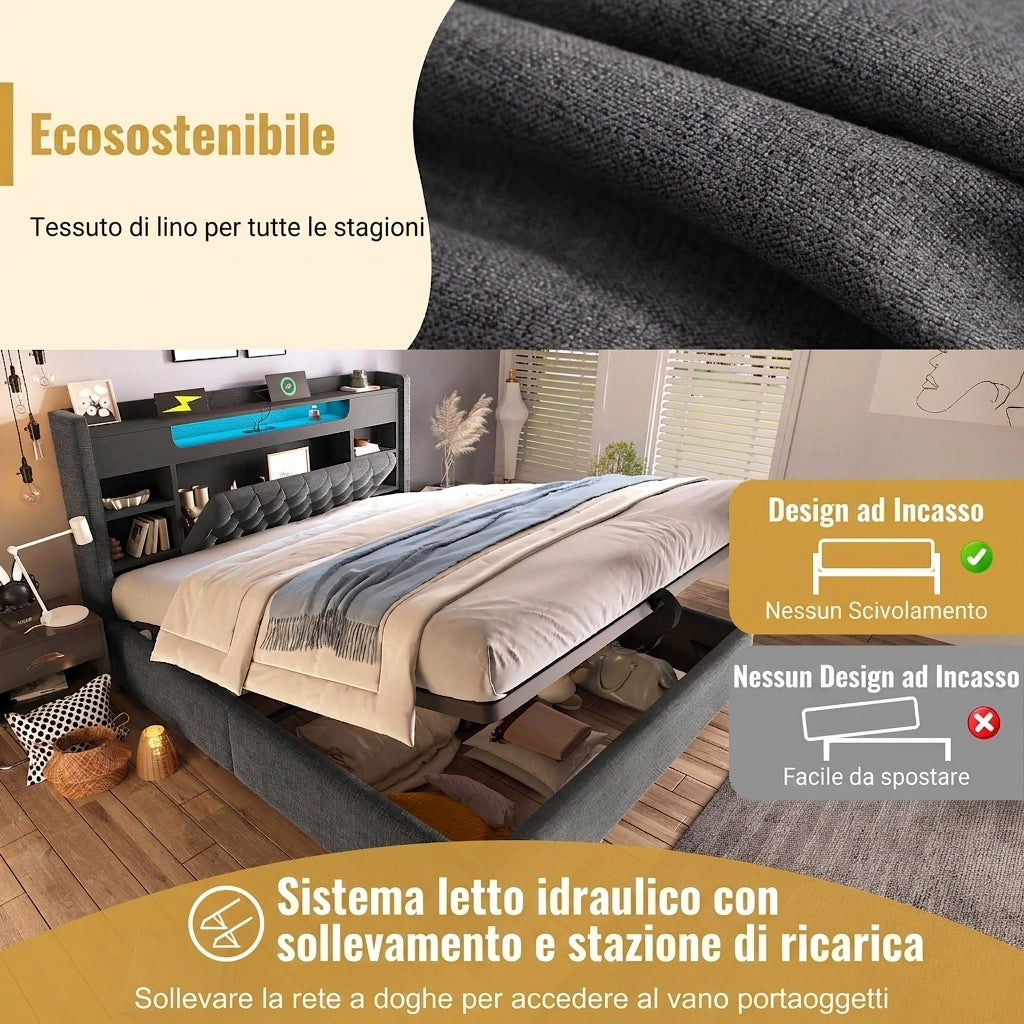 Letto contenitore 140x200 con LED e prese USB; in lino; grigio