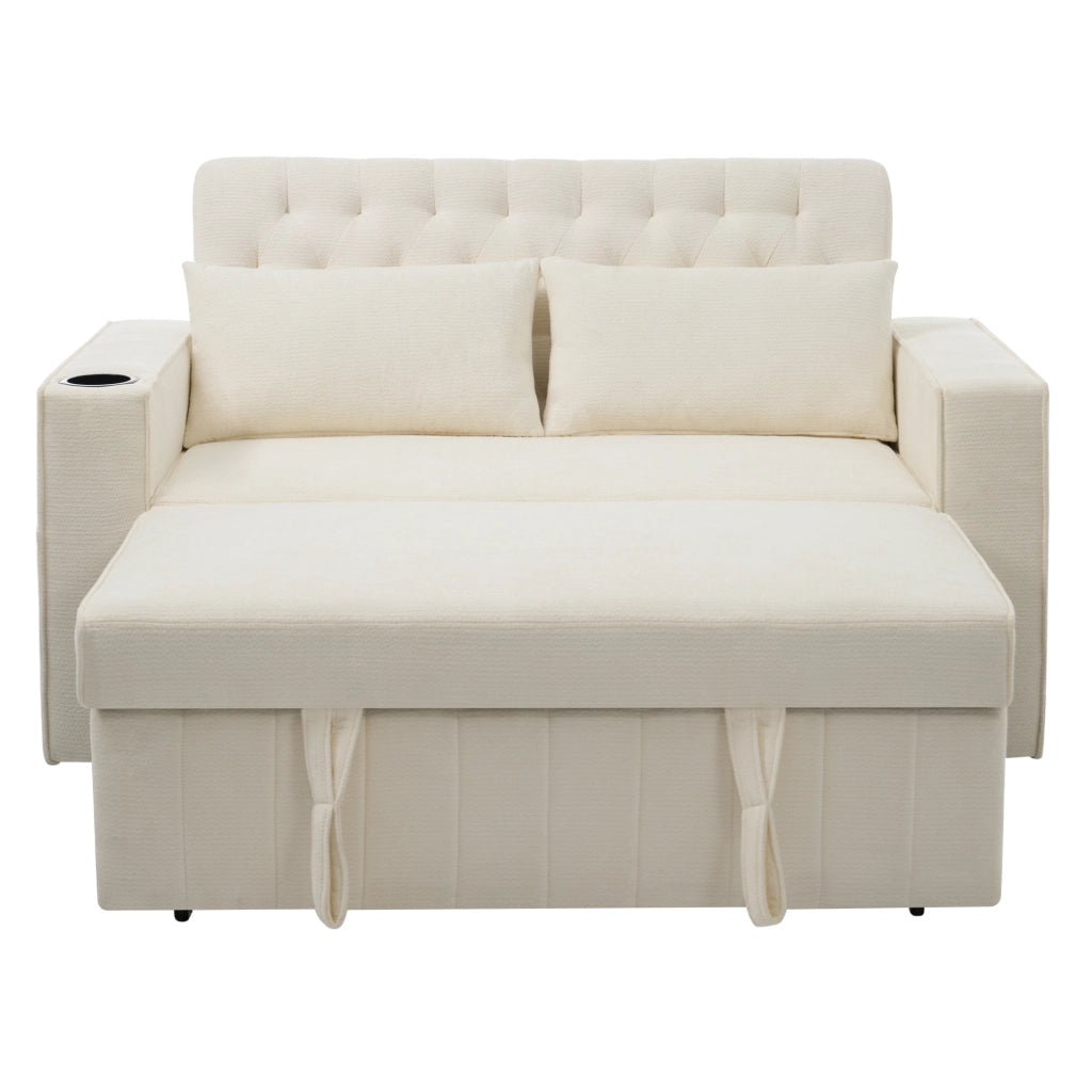 Divano letto 2 posti con schienale regolabile; USB e portabicchieri; ciniglia beige