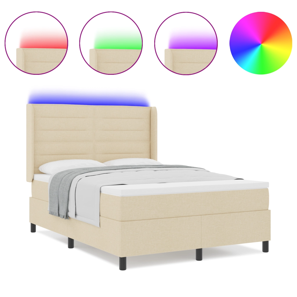 Letto Box Spring con Materasso e LED Crema 140x190 cm Tessuto