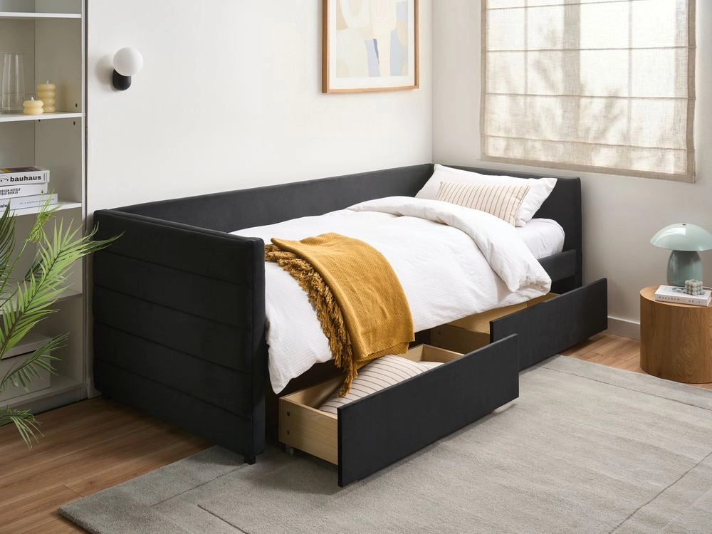 Letto con contenitore con cassetti in velluto nero 90 x 200 cm stanzetta design elegante
