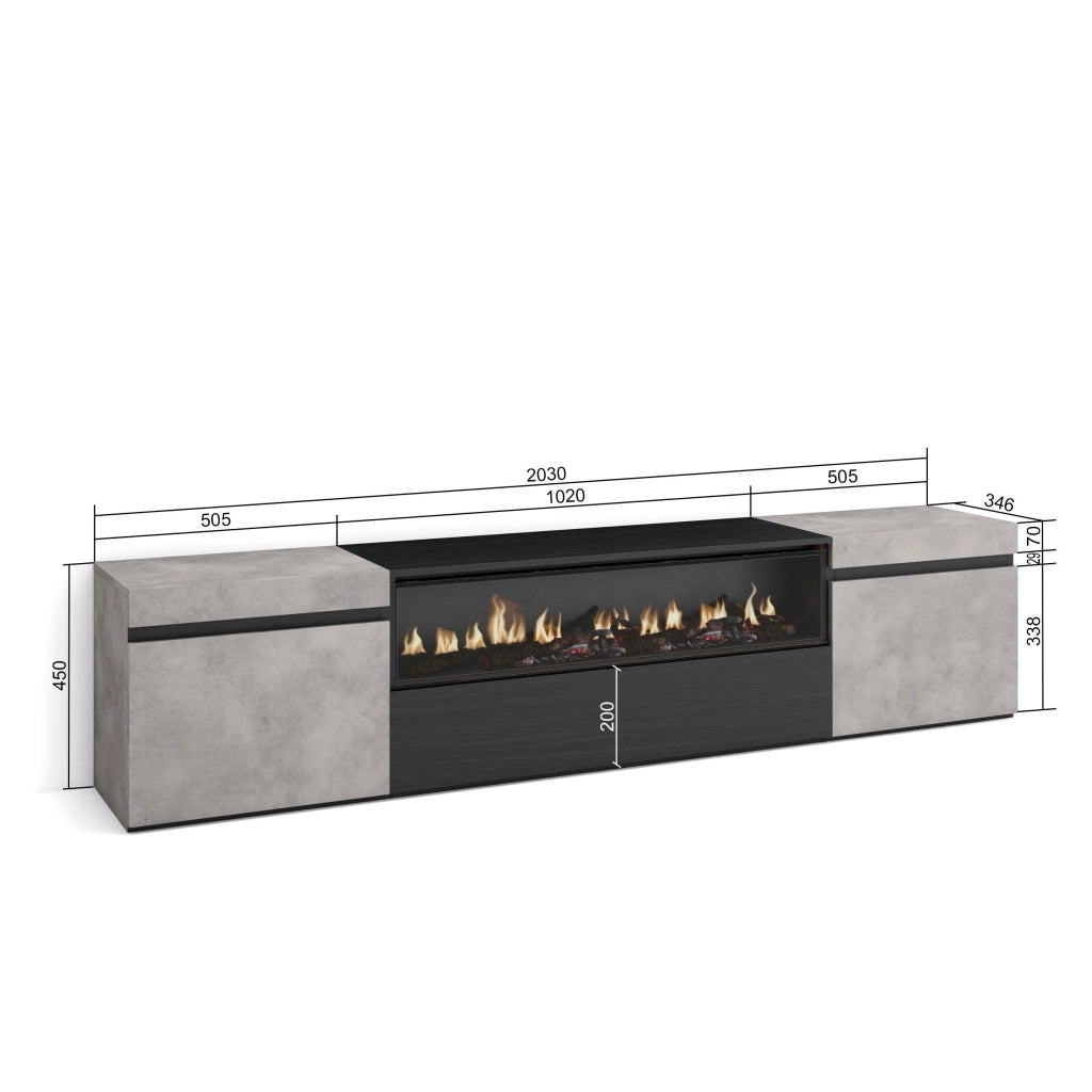 Mobile TV, 200x35x45cm, soggiorno, Per TV fino a 80", Camino elettrico, grigio cemento RF2241