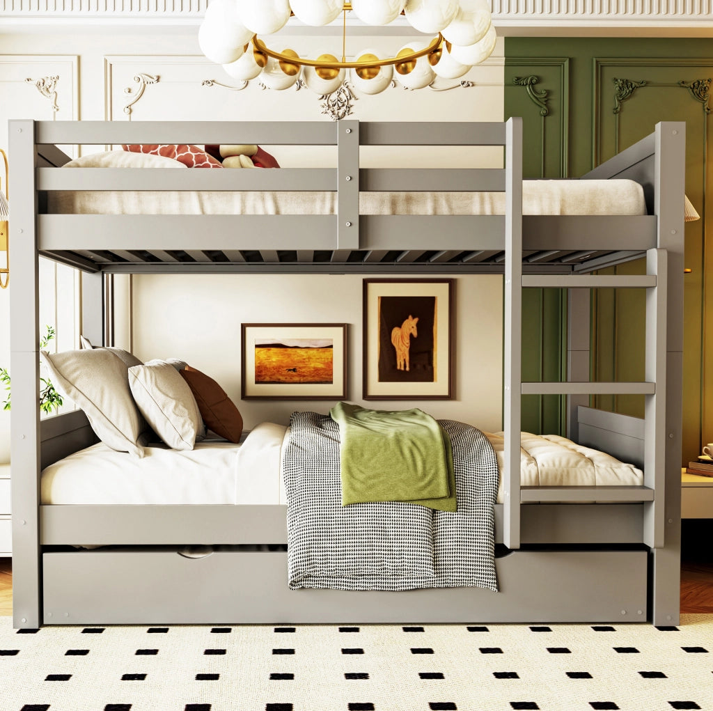 Letto a castello 90x200 cm in legno grigio con letto estraibile; scala e sbarre di sicurezza