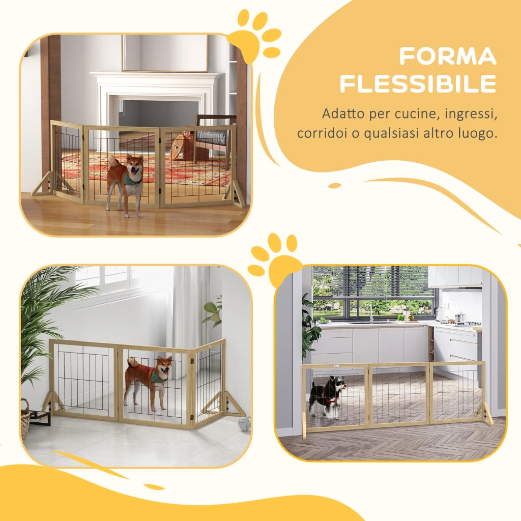 Cancellino per Cani Pieghevole con 3 Pannelli e Piedini Triangolari, 210x70 cm, Legno Naturale