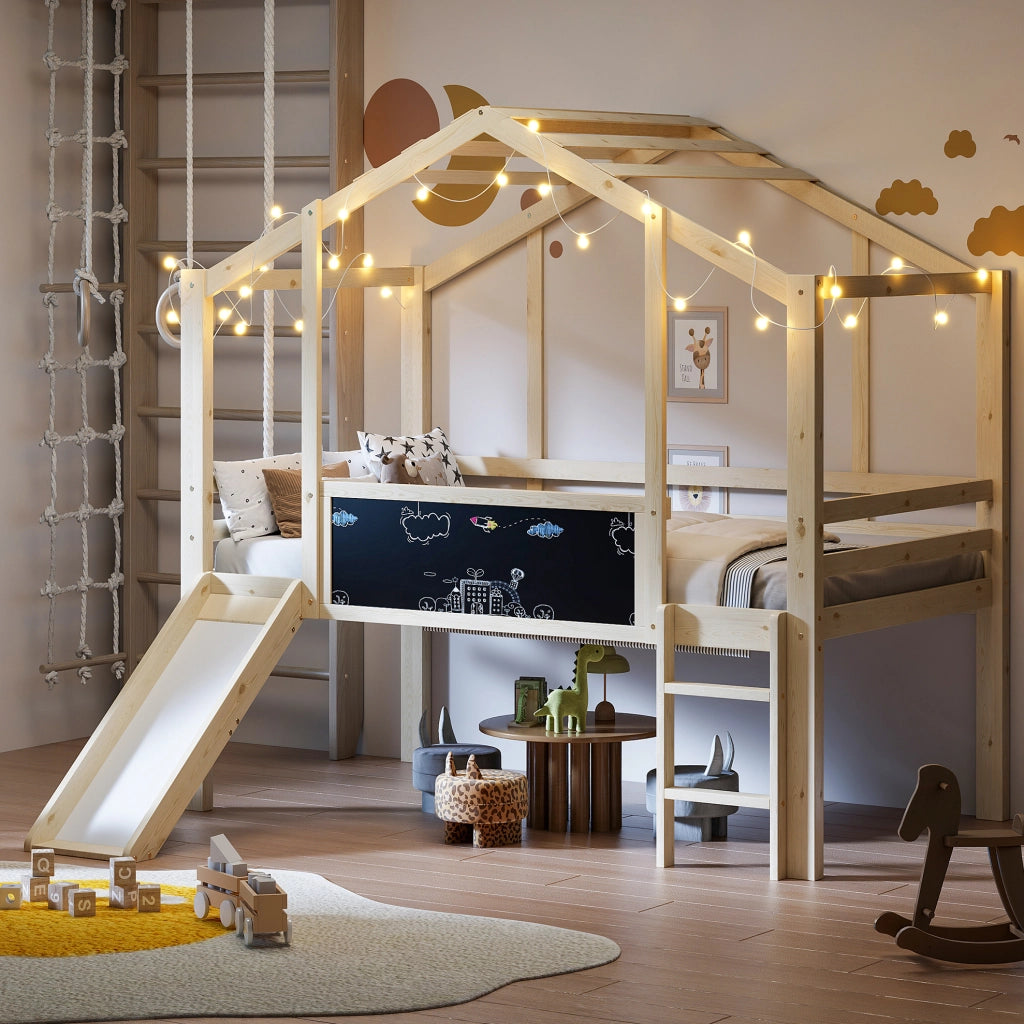 Letto a soppalco per bambini 90x200 cm in legno massello con scivolo e lavagna
