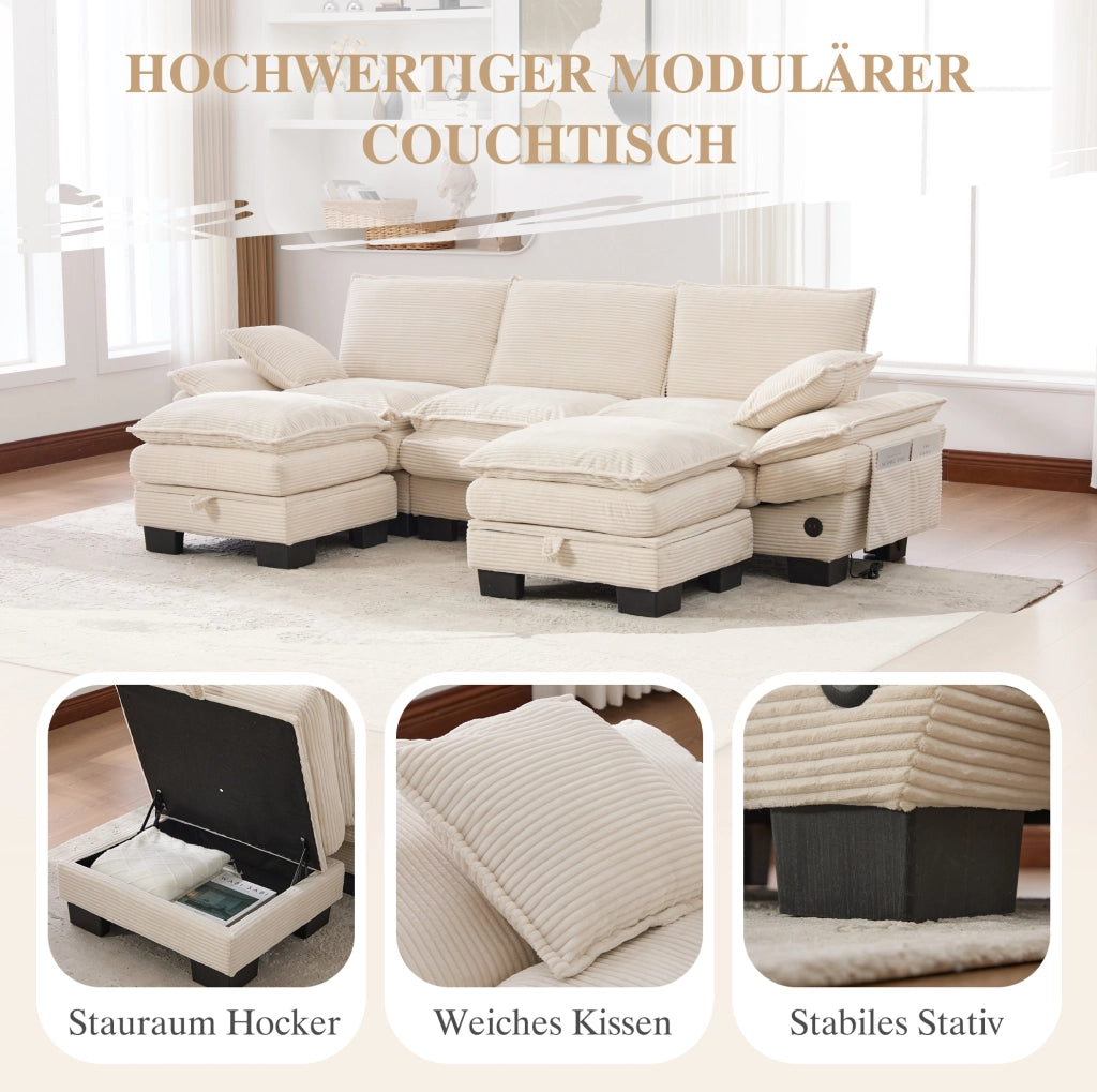 Divano modulare 3 posti in corduroy beige con USB-C e pouf; 260x132x84 cm