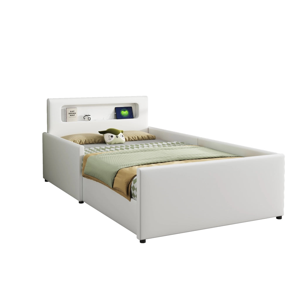 Letto per Bambini Letto Singolo 90 x 200 cm con USB; Luce Notturna e Cassetto; senza Materasso; Bianco