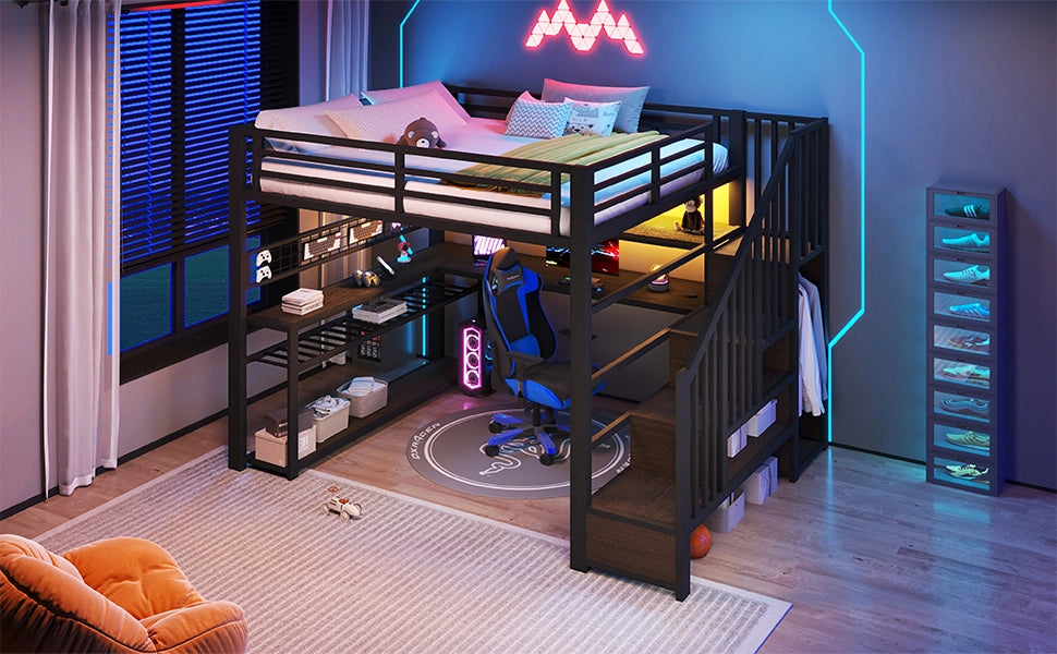 DESMIU Letto a soppalco 140 × 200 cm 1 posto con scrivania, armadio, LED, spazio contenitore, senza materasso, nero