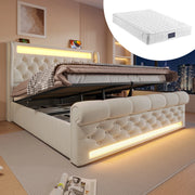 Letto matrimoniale 160x200 cm in velluto beige con LED; contenitore; USB e Type C; materasso incluso