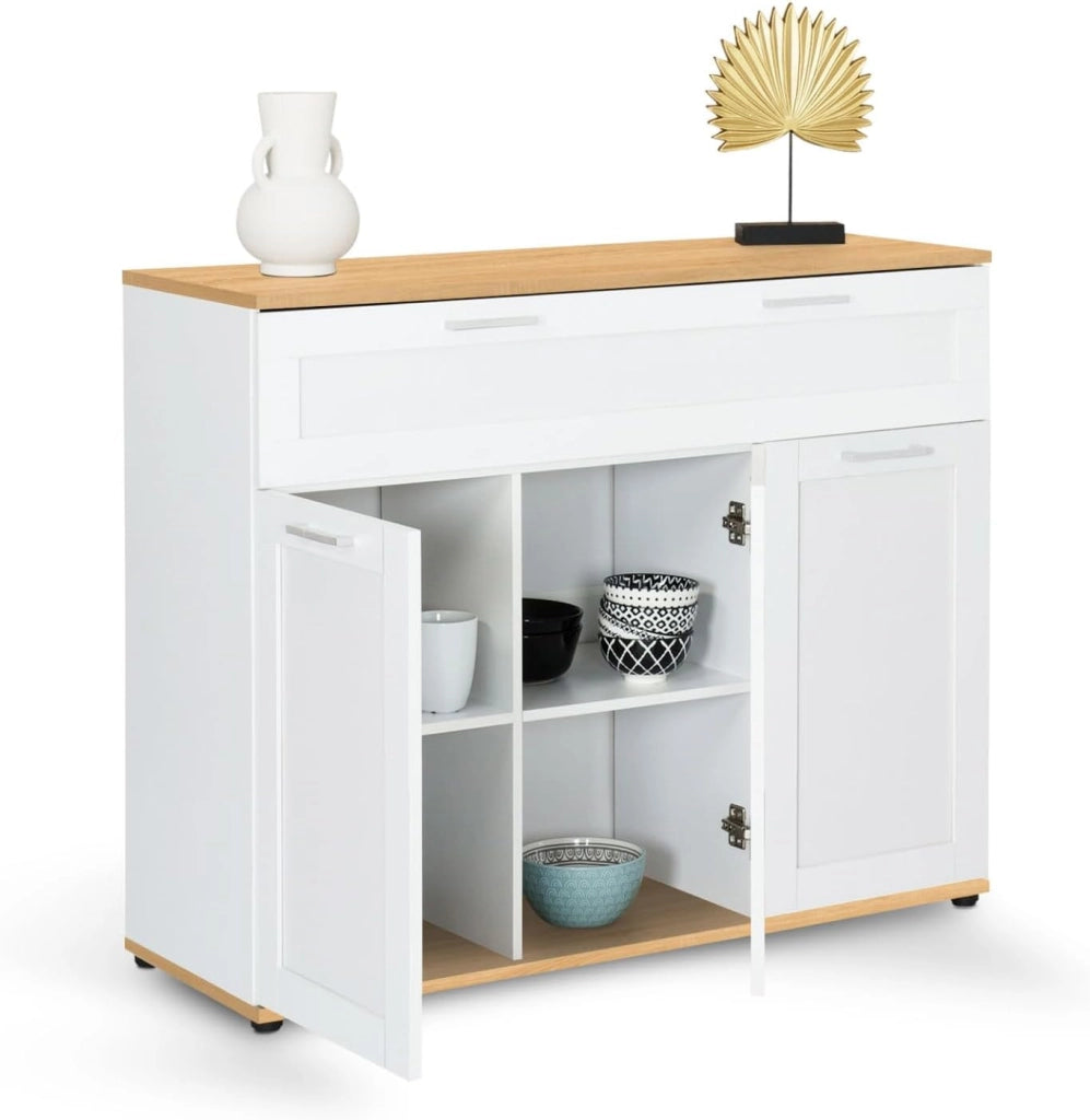 IDMarket - Credenza VITO 100 cm con 3 ante e 1 cassetto, bianco e piano in legno
