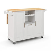 Carrello da cucina con ruote 130 x 74 x 90 cm con ampio spazio di stoccaggio e piano di lavoro ribaltabile in legno di caucciù bianco 20_0018047