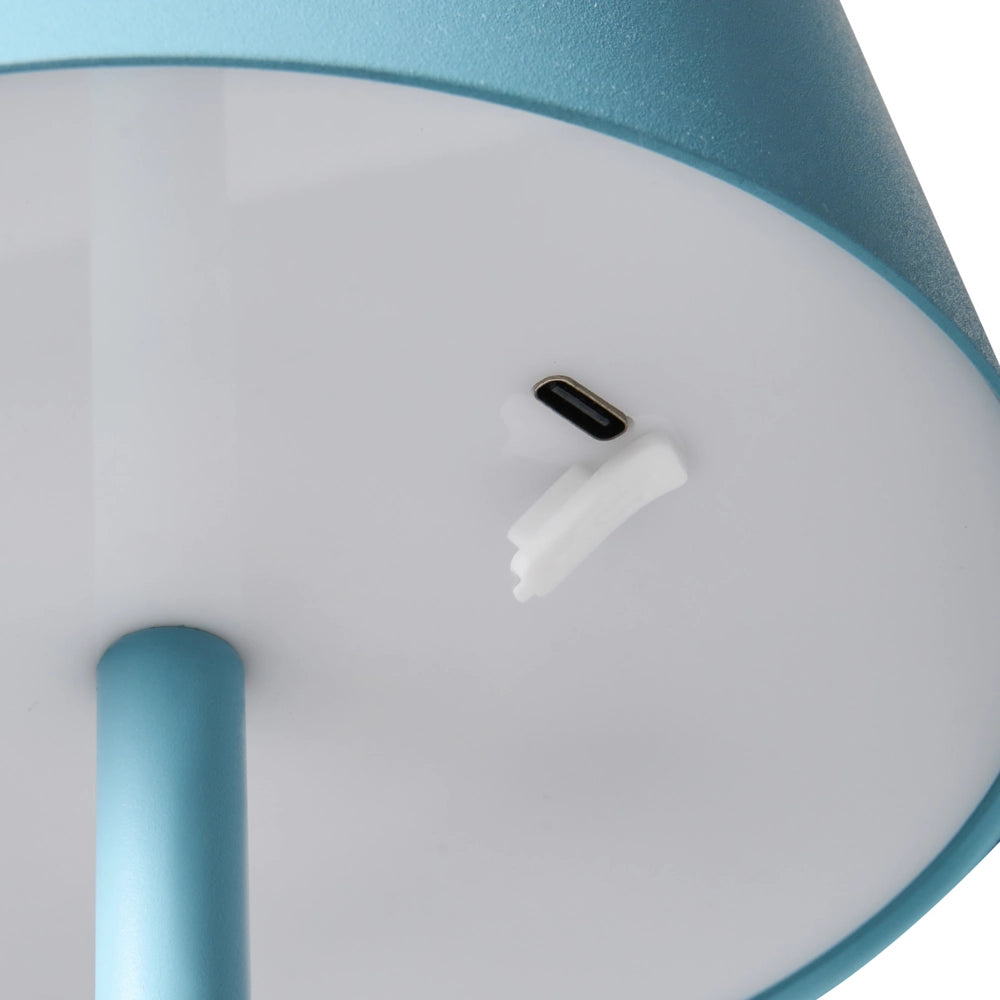 Lampada da tavolo wireless blu in metallo da interno ed esterno con porta USB C ricaricabile