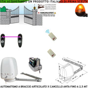 KIT MOTORE A BRACCIO ARTICOLATO 230/24 V CANCELLO AUTOMATICO ANTA BATTENTE DA 0,5 A 2,5 MT CENTRALE RADIOCOMANDI FOTOCELLULE FARO