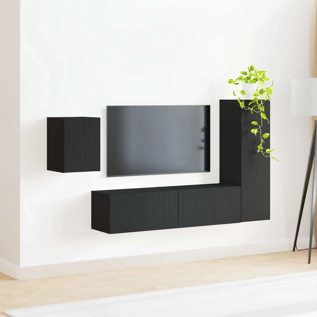 Set mobile TV Montaggio a parete 4 pcs Nero Legno multistrato 3408998
