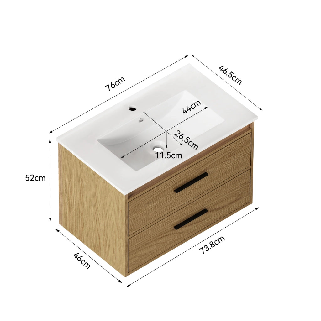 Mobile bagno con lavabo 75 cm; 2 cassetti; MDF e Ceramica; Rovere Chiaro