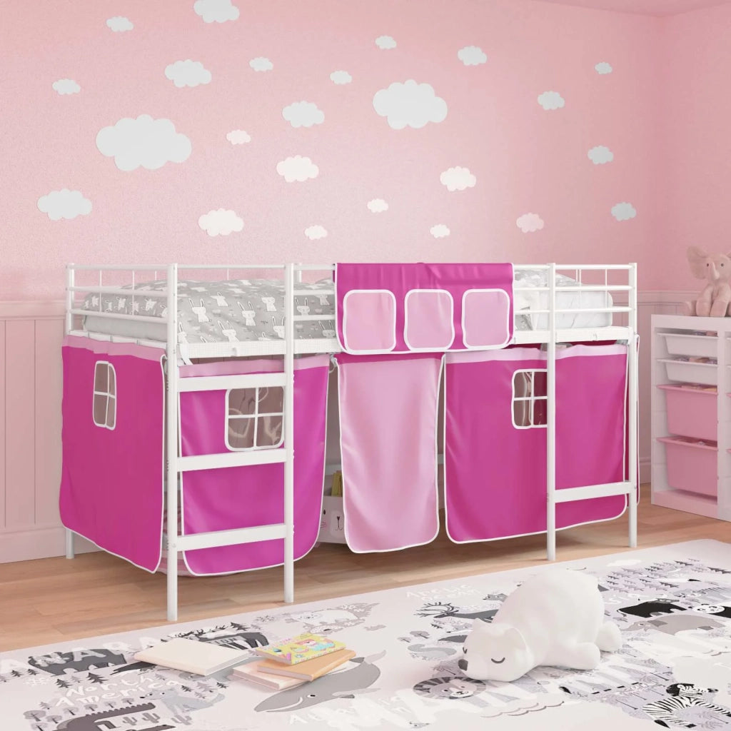 Struttura del Letto Loft per Bambini con Tendine-Giroletto per bambini Bianco e Rosa 659474