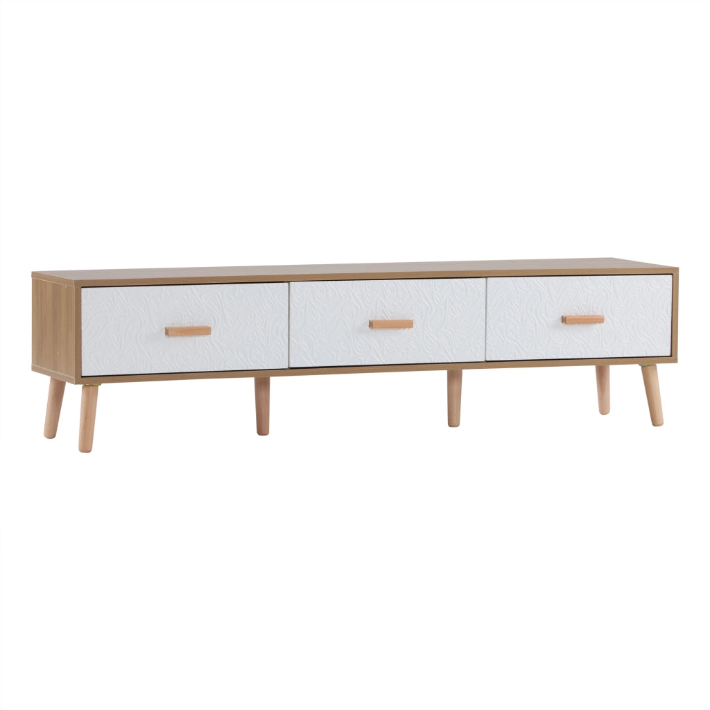 Mobile TV vintage 150 cm con 3 cassetti, finitura legno chiaro e dettagli bianchi