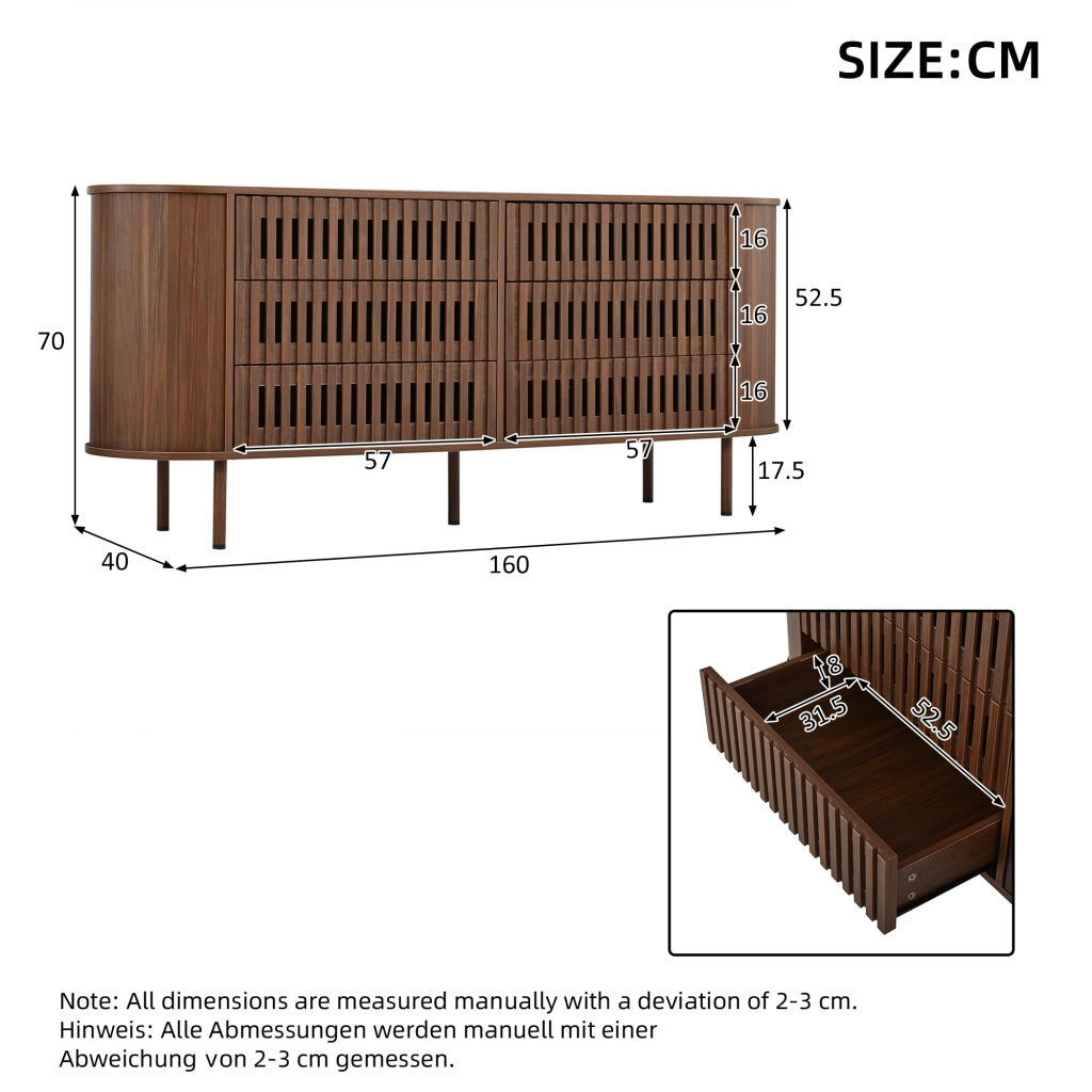 Madia con 6 cassetti e design a lamelle; per soggiorno; in MDF; 160×40×70 cm