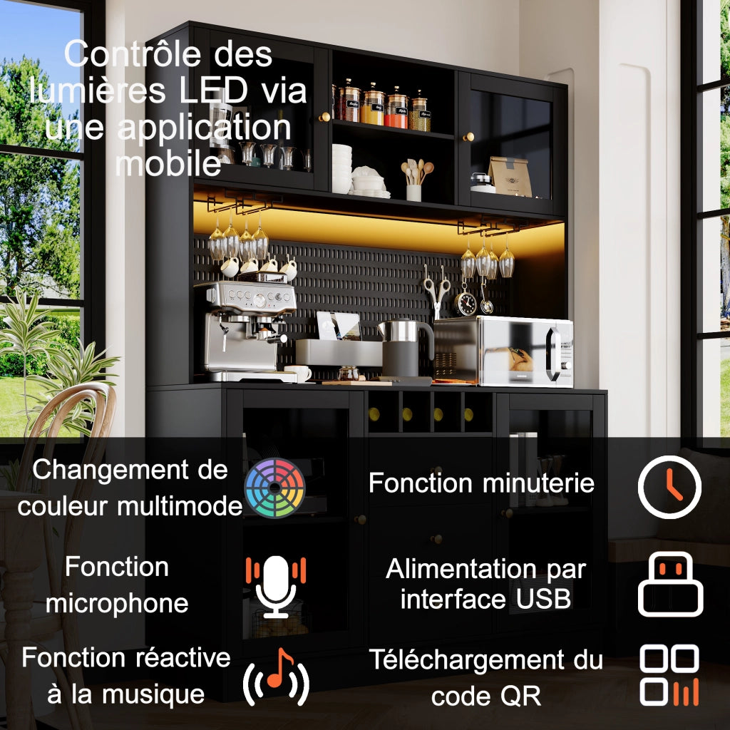 Credenza con LED controllata da app, ripiani regolabili, portabottiglie e portasbicchieri in MDF e vetro nero 140 × 40 × 185,7 cm