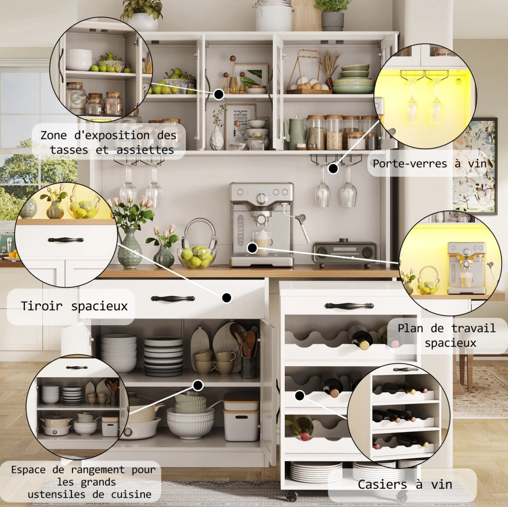 Mobile cucina 140 cm con carrello, LED e portabottiglie