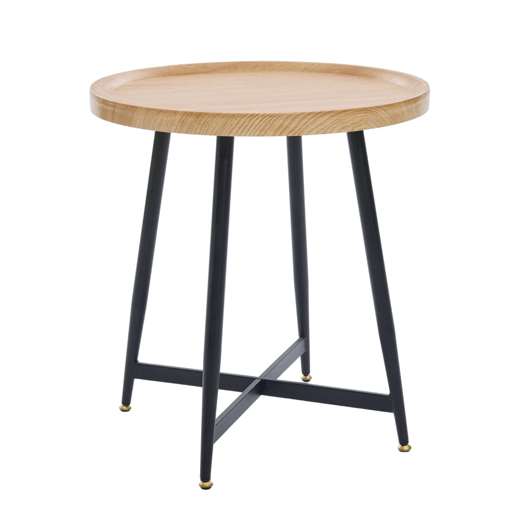 OKWISH Tavolino da Caffè Rotondo con Piano Compatto e Gambe in Metallo Incrociate, per Soggiorno e Camera, MDF, Legno Naturale, 55×55×60 cm