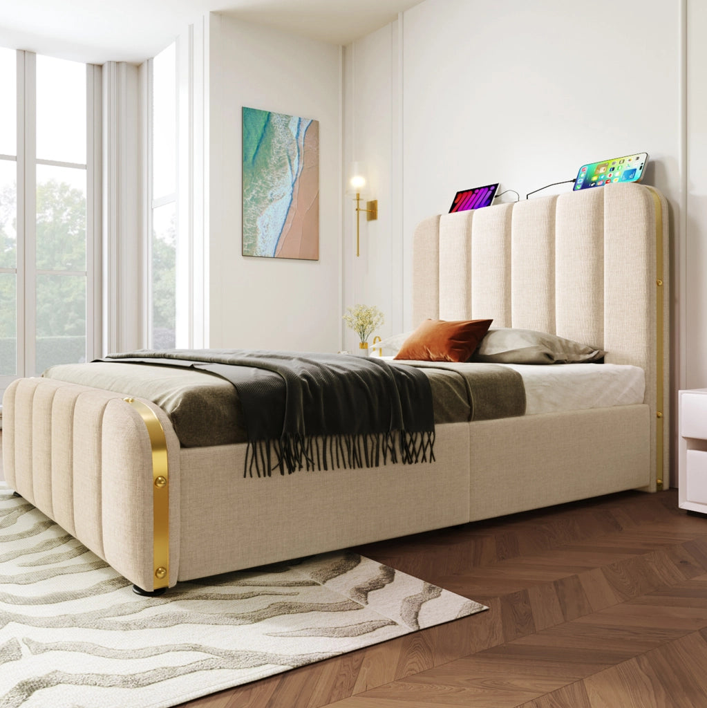 Letto singolo contenitore idraulico con USB e Type-C 90x200 cm; lino beige