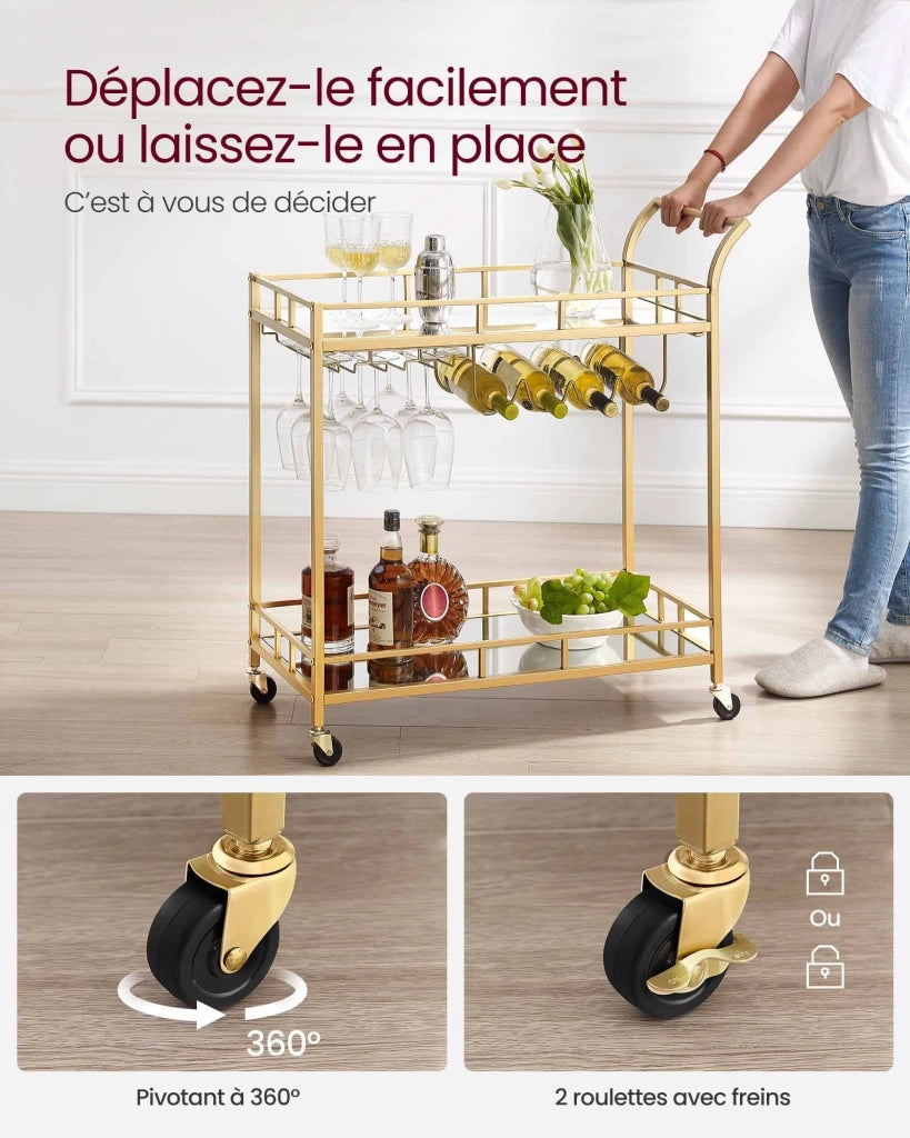 Carrello portavivande su ruote 38 x 80 x 90 cm mobile da cucina a 2 ripiani in vetro riflettente con portabottiglie e portabicchieri per bar cucina sala da pranzo oro 12_0005302